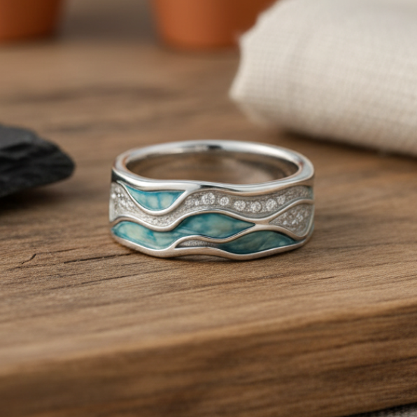 Zilverkleurige ring met turkooiskleurige golven