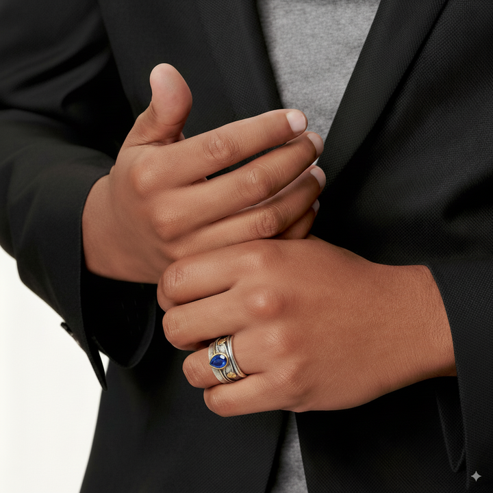 Zilverkleurige vintage ring met blauwe kristalglans