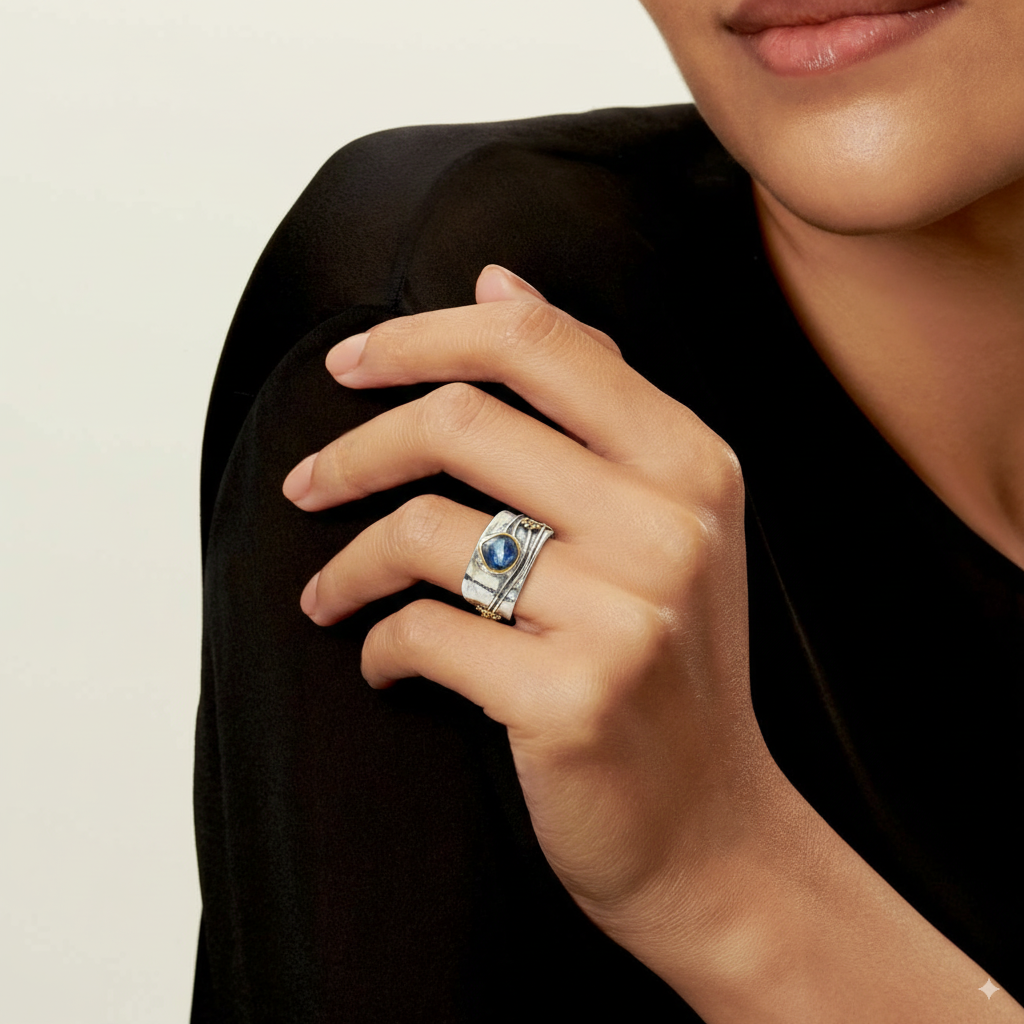 Zilverkleurige vintage ring met blauwe kristalglans